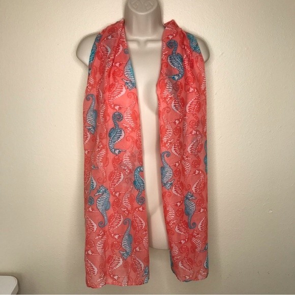 Seahorse Graphic Coral Aqua Teal Long Rectangle Scarf 22 X 71 Lightweight - Picture 7 of 7